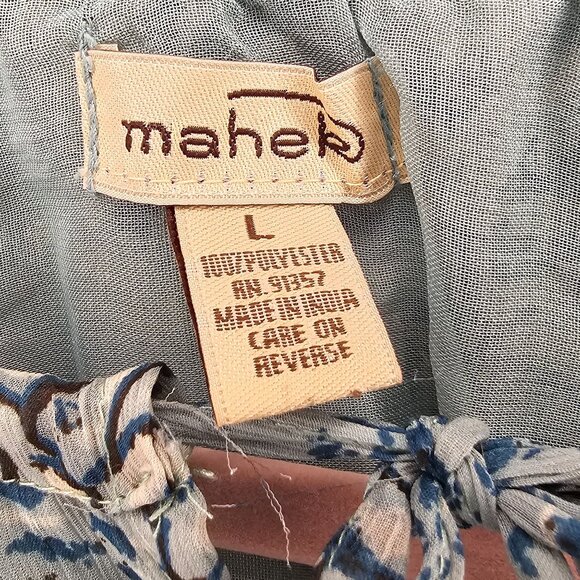 Maheb Women's Blue Patterned Sheer Blouse LG Lined Bodice 3/4 Sleeves - Picture 2 of 6